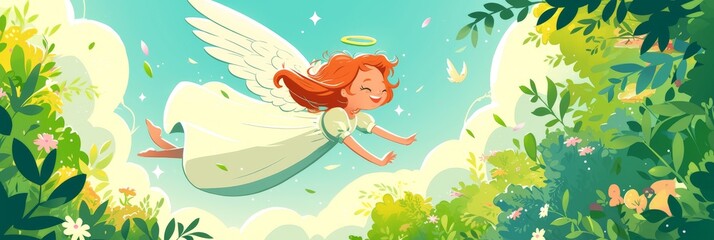 A cute cartoon angel is flying through the sky above some trees and flowers.