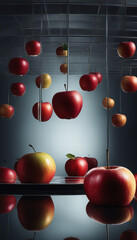 Floating apples with mirror background