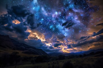 the starry sky in the mountains - obrazy, fototapety, plakaty