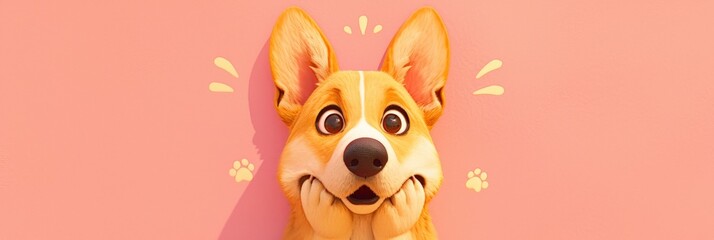A cute cartoon illustration of a happy corgi dog with big ears and a pink background.