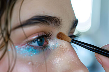 Woman's eyes and eyelid makeup brush close-up, makeup artist doing makeup up