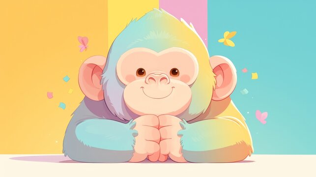 A cute cartoon monkey with rainbow fur and big ears is sitting on a table. The background is a pastel rainbow.