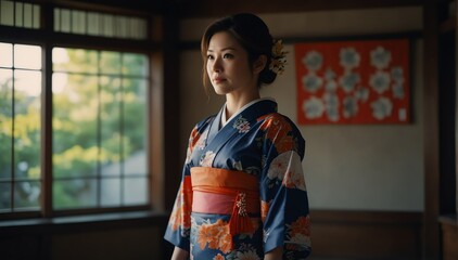 beautiful middleage woman wearing traditional japanese yukata from Generative AI