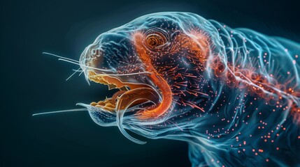 A detailed image of a water bears mouthparts and digestive system highlighting its ability to survive in extreme conditions by consuming