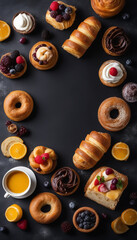 Variety of Desserts and Pastries on Black Background