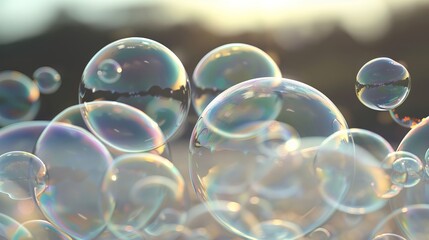Delicate and translucent bubbles merging in the air, super realistic