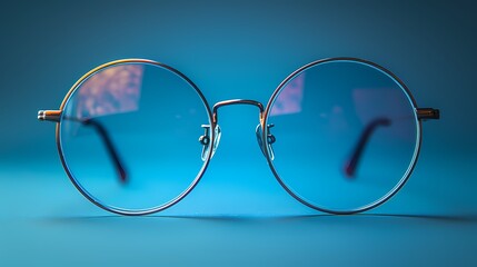 A trendy and fashion-forward round glasses mockup on a solid blue background, featuring its thin wire frames and clear lenses, all presented in HD to highlight its modern and hipster aesthetic