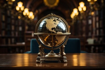 A golden globe sits on a wooden table in a dimly lit library.
