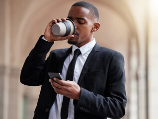 Naklejka premium Corporate, coffee and black man with smartphone in city for networking, communication or social media. Break, drinking tea and lawyer on mobile for browsing internet, texting or app with lens flare