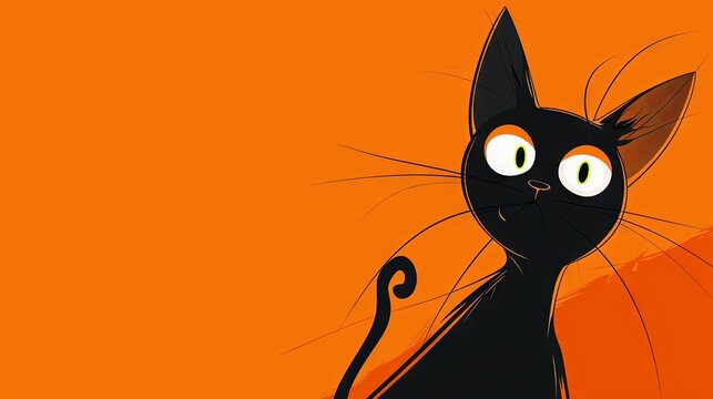 Whimsical black cat on orange background with expressive eyes