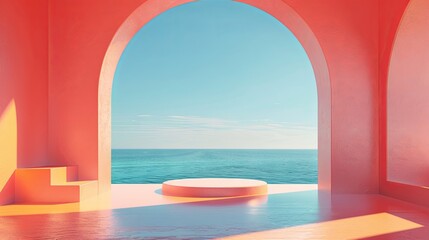 Obraz na płótnie Canvas Dreamy seascape view through arched doorway with tranquil ocean and clear sky