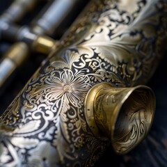 Zooming in on the intricate designs of a brass instrument mouthpiece - obrazy, fototapety, plakaty