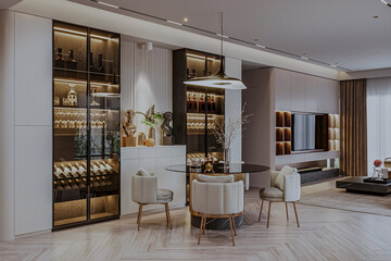 A smart dining room for a smart living room interior, stylish chairs and wall wine showcase