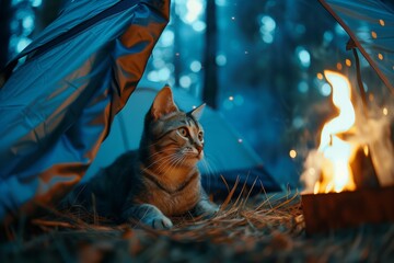a lying cat in nature near a campfire - obrazy, fototapety, plakaty