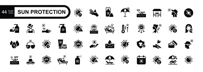 Sun protection icon set. Contains icons sunscreen, ultraviolet, sunglasses, SPF protection, umbrella, sunburn, sun hat, beach lounger and more. Vector illustration.