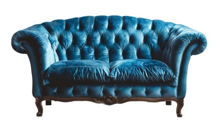 Luxurious three-seat blue velvet armchair, blending modern design with vintage charm, isolated background