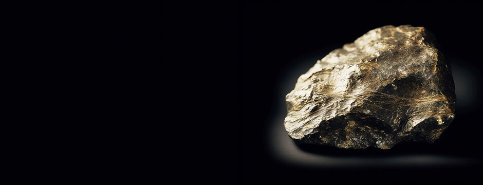 Paragonite is a rare precious natural stone on a black background. AI generated. Header banner mockup with space.