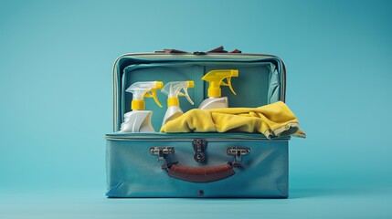 Modern cleaning techniques applied to a small, packed suitcase, showcasing efficiency and professionalism
