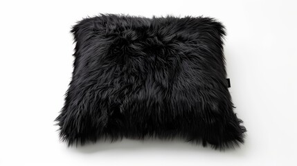 Modern home decor highlighted by a luxurious black fluffy eco fur pillow, set on an isolated white background - obrazy, fototapety, plakaty
