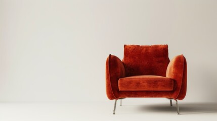Modern luxury in the form of an orange velvet armchair, featuring a minimalist metal base, against a pure isolated background
