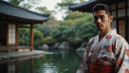 handsome hispanic young man wearing traditional japanese yukata from Generative AI