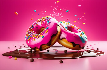 Donuts. Colorful glossy glazed donut. Pink and chocolate syrup toppings, pink background. Sweet bakery. Sugar food. Product confectionery presentation. Cartoon plastic food - obrazy, fototapety, plakaty