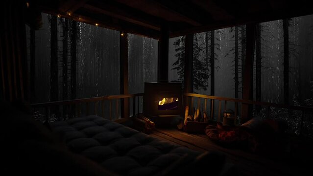 Relax After Stressful Day In A Wooden Cabin Sleep Well In The Dark Forest With Rain By The Window