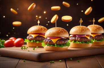 Burgers on wooden plate. Hamburger, cheeseburger or chicken burger, flying fried potato. Sesame...