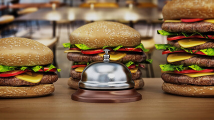 Hamburgers and service bell standing on the burger shop counter. 3D illustration - 792621546