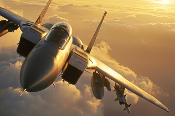 A fighter plane soaring through a fiery sunset