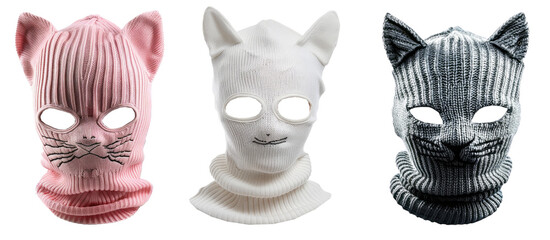 Set of stylish balaclava cat masks on transparent background