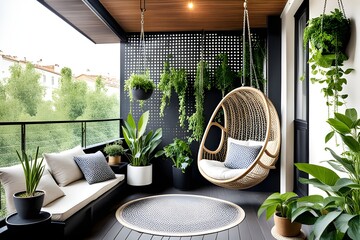 Fototapeta premium Cozy balcony or terrace with swinging chair