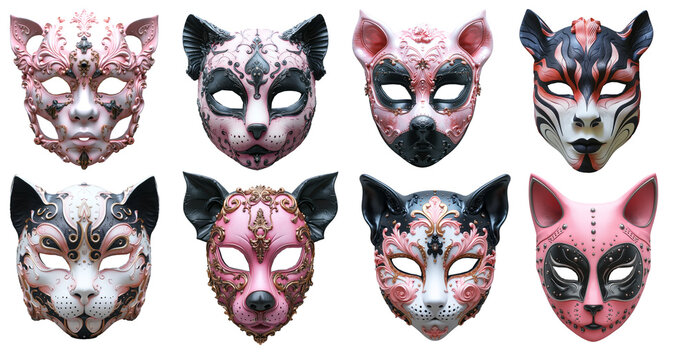 Set of stylish vinice animal masks on transparent background