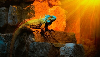 An iguana exploring ancient stone ruins, climbing over historical artifacts - obrazy, fototapety, plakaty