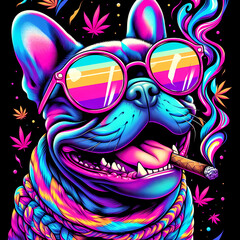 Digital art of a psychedelic cool french bulldog with sunglasses smoking a blunt
