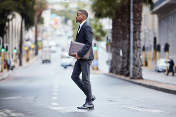 Business, man and crossing street in city as lawyer for stroll to work with bag in outdoors for...