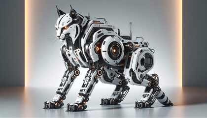 A robotic bobcat in a futuristic style, resembling a high-tech piece of machinery with sleek white and black panels - obrazy, fototapety, plakaty