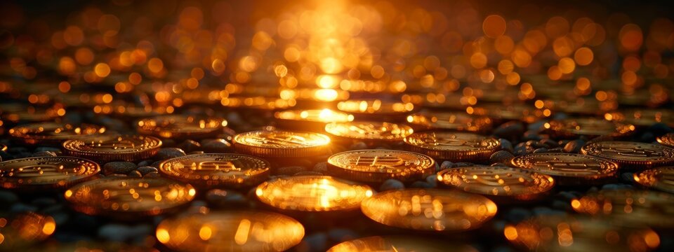 A background showcasing rows of golden coins stacked neatly, with a single spotlight highlighting one in the foreground.
