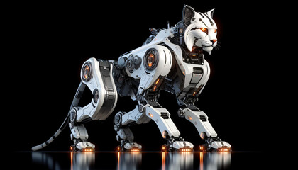 A robotic bobcat with a futuristic aesthetic. The machine have a streamlined, powerful build