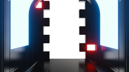 Futuristic opening gate or door in black moving sci fi technology tunnel or room with neon light. Realistic digital animation with alpha channel.