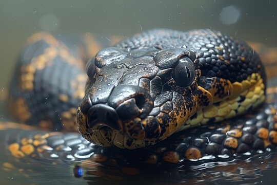 Anaconda: Swimming in murky waters, showcasing its powerful body and aquatic lifestyle.without logo and without watermark 