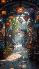 Mystic bazaar, enchanted wares, marketplace of wonders, wide assortment, bright day, magical trades  - obrazy, fototapety, plakaty