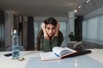 Young freelance business finance woman has a problem with attention deficit hyperactivity disorder ADHD she cant start work on project Female lost concentration cant work from home on laptop computer
