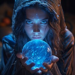 Naklejka premium Sorceress s vision, crystal ball, midnight, vision revelation scene, tight composition, glowing foresight, mystical insight
