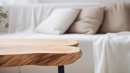 A wooden table top made of sawn wood in the interior of the room on the background of a sofa - 792625723