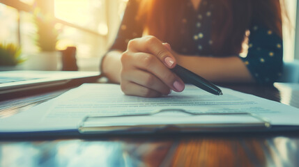 Close up view of woman signing a paper, beautiful hand holding a pen a reading through the papers, blurred office background with household green plants - Powered by Adobe
