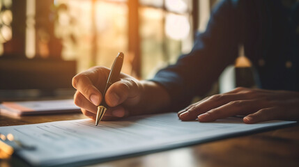 Close up view of man signing a document at desk, young strong entrepreneur hand holding a pen and reading the bond agreement with multinational corporation to expand his business
