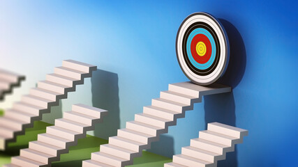 One ladder reaching the bullseye target among short ladders. 3D illustration - 792626521