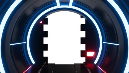 Futuristic opening gate or door in black moving sci fi technology tunnel or room with neon light. Realistic digital animation with alpha channel.