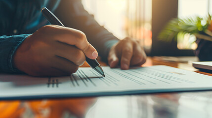 Signing business agreement, close up view of hand holding a pen and reading through legal papers before sign it, blurred, office background